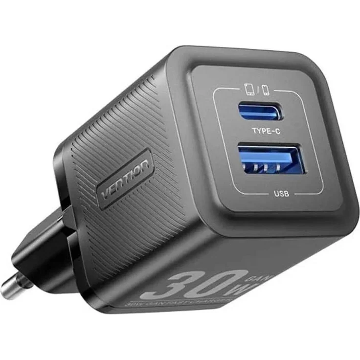 Vention Ladegerät 1x USB-A 1x USB-C, GaN 30W mit dualen Anschlüssen, tragbares Design, Schwarz