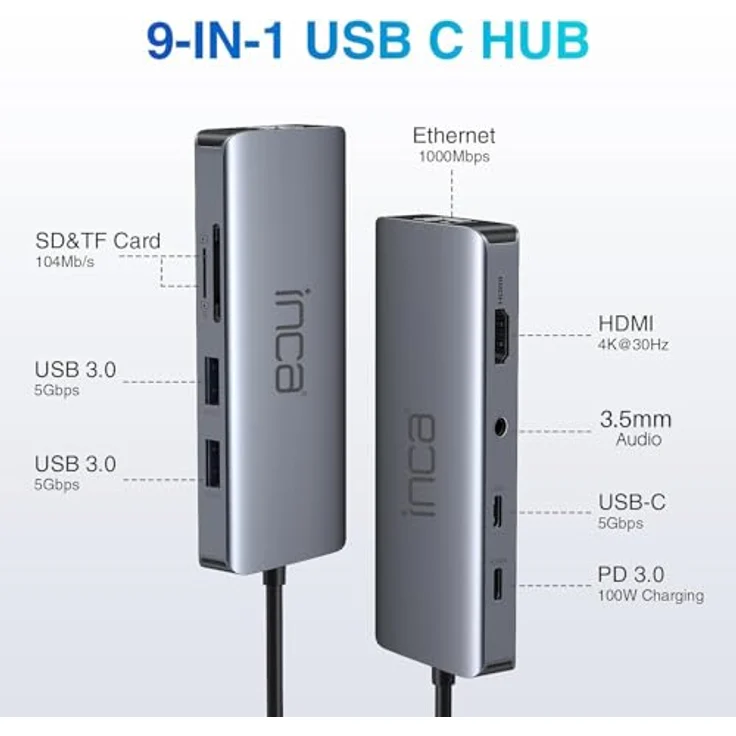 İnca ITPC-10TX 9 in 1 USB C Hub, Aluminium Docking Station mit 2 x USB 3.0, SD/TF Kartenleser, LAN 1000 Mbit/s, HDMI 4K@60Hz, 3.5mm Audio und PD100W für MacBook, Dell, Chromebook – Bild 2