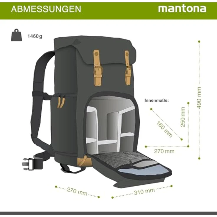 Mantona Luis Retro Fotorucksack (mit Echtleder-Applikationen, inkl. Regenschutzhülle, flexible Einteilung und Laptopfach, geeignet für 1x DSLR-Kamera, 3x Objektive und diverses Fotozubehör) schwarz – Bild 4