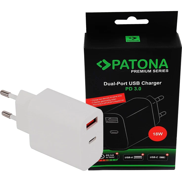 Patona Netzteil (18 W), USB Ladegerät mit USB-C und USB-A, Weiss, unterstützt Power Delivery 3.0 und Quick Charge 3.0