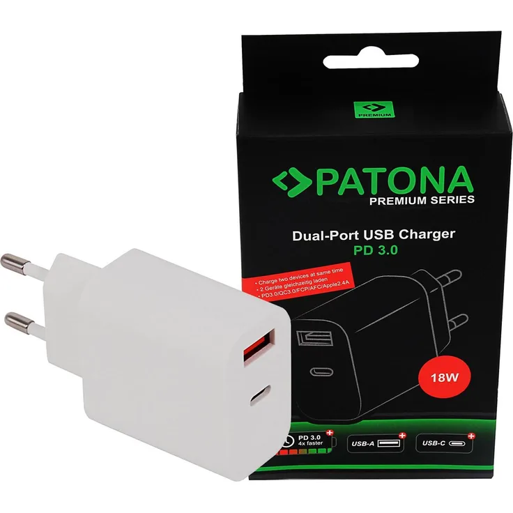 Patona Netzteil (18 W), USB Ladegerät mit USB-C und USB-A, Weiss, unterstützt Power Delivery 3.0 und Quick Charge 3.0