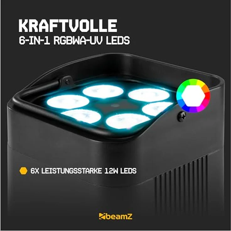 BeamZ BBP96SB Bodenstrahler, Akkubetriebener LED-Uplight Par mit 6x 12W 6-in-1 RGBAW-UV LEDs, Schwarz, bis zu 9 Stunden Betriebszeit, DMX-fähig – Bild 3
