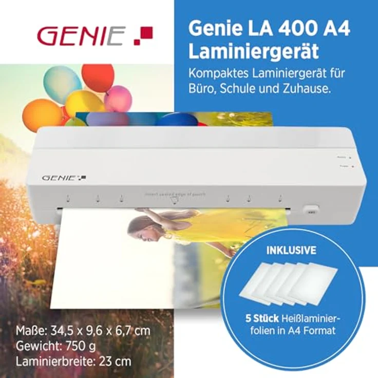GENIE LA 400 A4 Laminiergerät, Heißlaminator mit 2 Heizrollen, schnell und zuverlässig für Schule, Büro und Home-Office, inkl. 5 Laminierfolien A4 – Bild 2