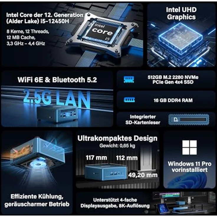 GEEKOM IT12 Mini PC mit Intel i5-12450H, 16GB DDR4 RAM, 512GB SSD (erweiterbar bis zu 4TB), Windows 11 Pro, Wi-Fi 6E, Bluetooth 5.2, 2.5G LAN, 2x USB4, 8K Unterstützung, für Home & Office – Bild 2