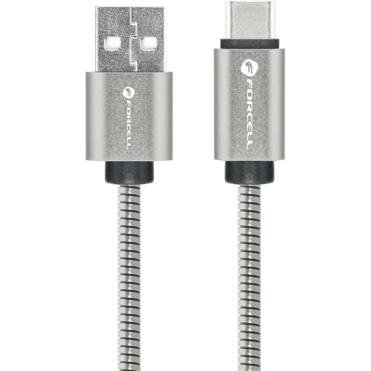 Forcell USB A auf C Kabel, 12W 1m, mit CarPlay und Android Auto Unterstützung, Edelstahl