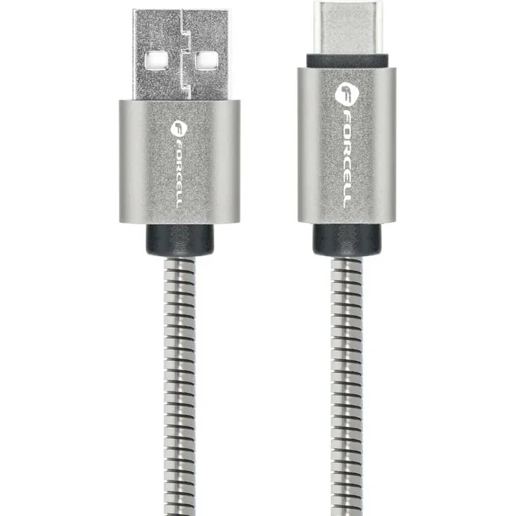 Forcell USB A auf C Kabel, 12W 1m, mit CarPlay und Android Auto Unterstützung, Edelstahl