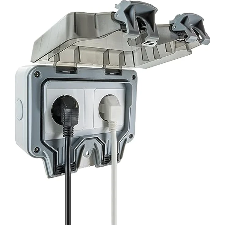 SCHWAIGER SOAD0200 Außensteckdose Aufputz Outdoor Steckdose 2fach IP66 Wetterschutzabdeckung Winkelstecker UV-beständig witterungsfest Gartensteckdose, Abschließbar, in Weiß – Bild 5