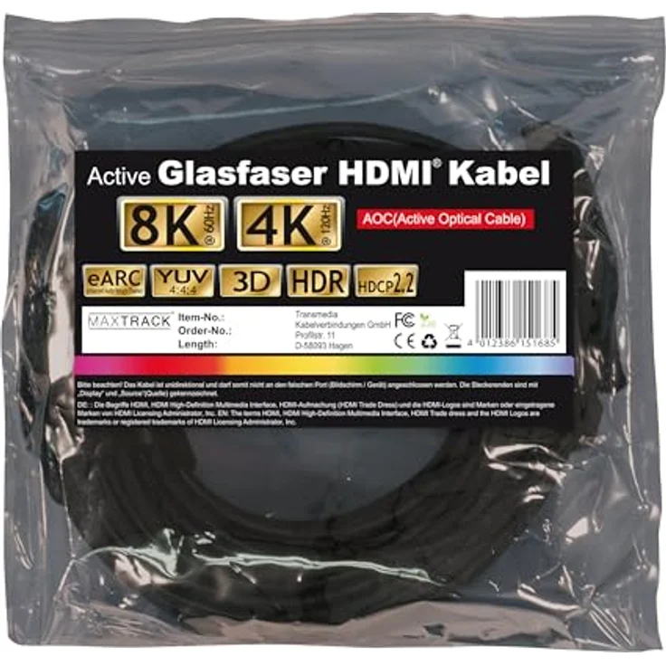 maxtrack aktives HDMI® Glasfaser Kabel C507-10ML - HDMI 2.1, 8K@60Hz, 4K@120Hz, eARC, 3D, HDR, HDCP 2.2, YUV 4:4:4, bis zu 100m Reichweite – Bild 3