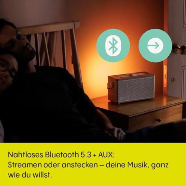 Pure Classic Aura, Bluetooth-Lautsprecher 40W mit 30h Akku, Lichtmodi, USB-C, AUX, IPX2, EQ-Modi – Baumwollweiß mit Eiche, Holzoptik, 2-Wege-Stereo – Bild 5