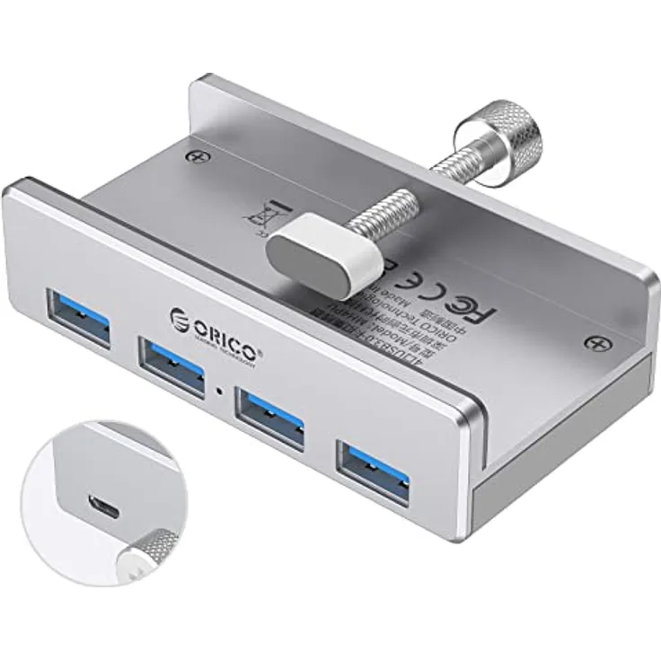 ORICO USB 3.0 Hub 4 Port, Aluminium SuperSpeed Datenhub Mit Extra Netzteilanschluss Port für Desktop Computer, MacBook, MacBook Air/Pro/Mini（Silber）