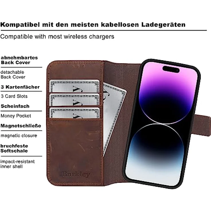 Burkley für iPhone 14 Pro - Magic Wallet - Leder Wallet Case mit abnehmbarer Schutzhülle in Sattelbraun – Bild 6