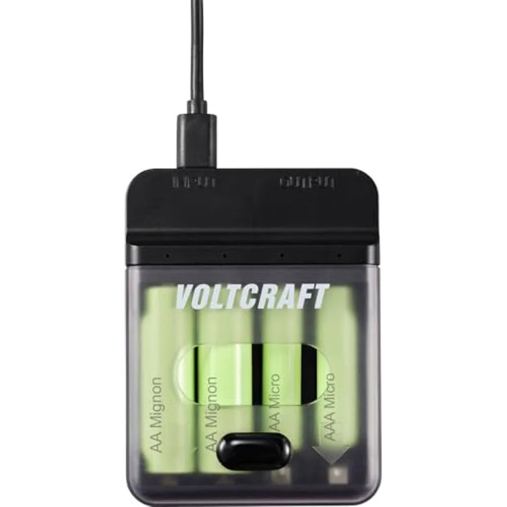 VOLTCRAFT VC-BC4-PB1, 2in1 Ladegerät & Powerbank für AA/AAA Ni-MH-Akkus, LED-Anzeige, 500mA Ausgangsstrom, USB-A auf USB-C Kabel – Bild 1