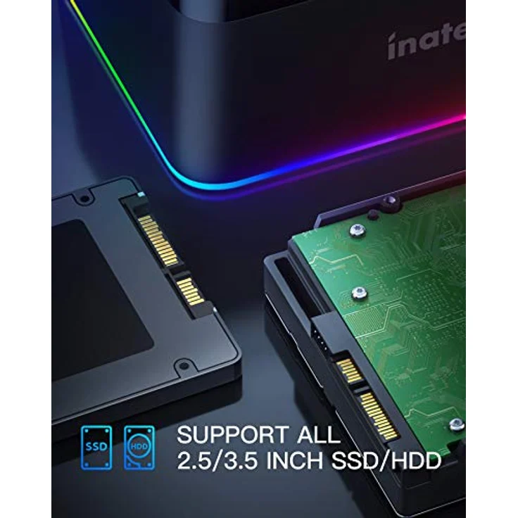 Inateck RGB Festplatten Dockingstation USB 3.0 mit Offline-Klonfunktion, für 2.5 u. 3.5 Zoll SATA HDDs und SSDs, UASP Unterstützt, Schwarz, LED-Effekt – Bild 3
