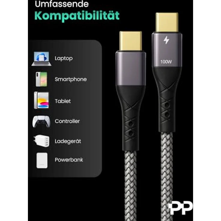 ProfiPatch USB C auf USB C Kabel 0,5m, 100W PD 3.0, 5A, E-Mark Chip, grau, Textilmantel, vergoldete Kontakte – Bild 6