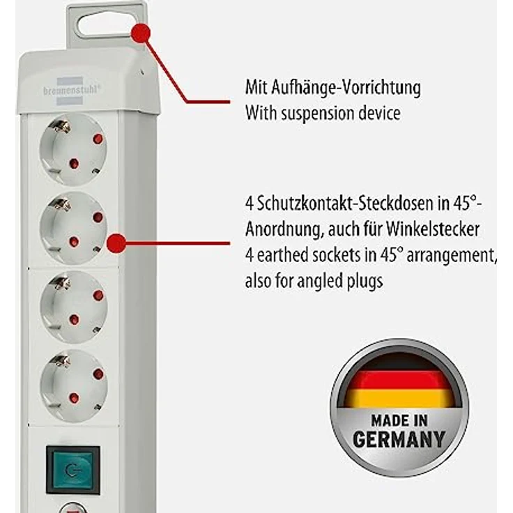 Brennenstuhl Premium-Line, Steckdosenleiste 4-fach (Steckerleiste mit Schalter und 1,8m Kabel - 45° Anordnung der Steckdosen, Made in Germany) grau – Bild 2