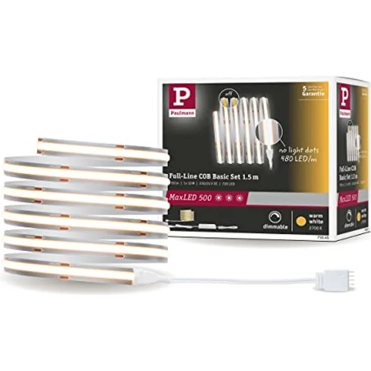 Paulmann 71045 LED Strip MaxLED 500 Full-Line COB Komplettset 1,5m 10W 750lm 480LEDs/m 2700K 25VA dimmbar Silber Kunststoff