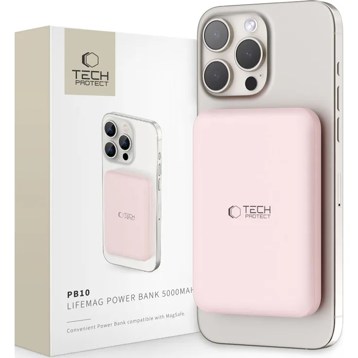 Tech-Protect Pb10 Lifemag Magsafe Power Bank 5000 Mah Rosa, Kabelloses Laden, USB-C-Anschluss, Überspannungsschutz