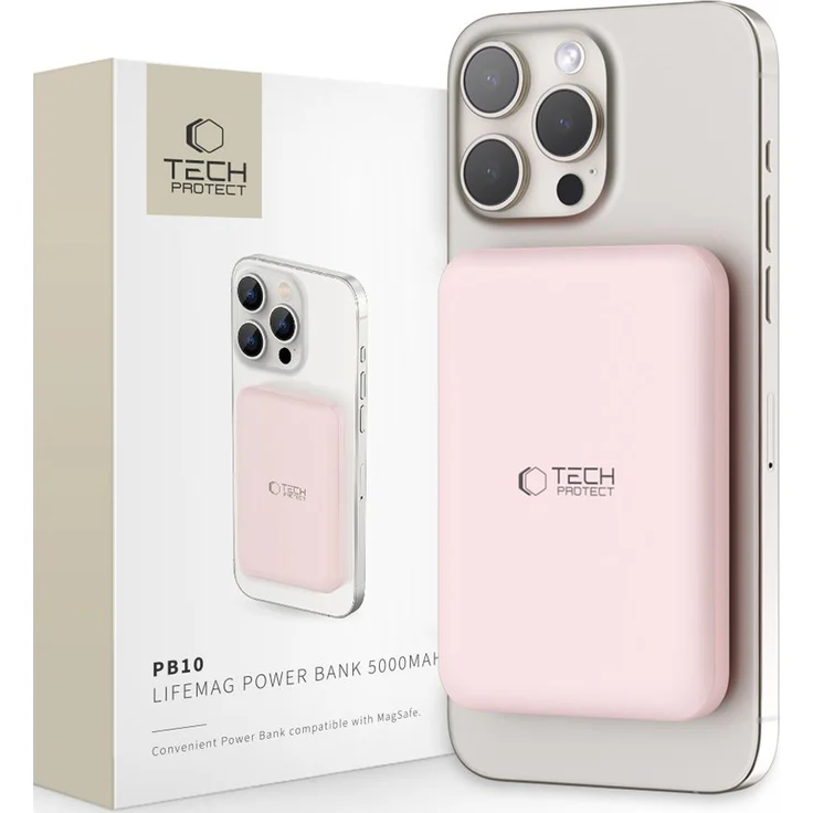 Tech-Protect Pb10 Lifemag Magsafe Power Bank 5000 Mah Rosa, Kabelloses Laden, USB-C-Anschluss, Überspannungsschutz