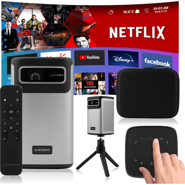 Overmax MULTIPIC 8.1 Beamer (5000 lm, 10,000:1, 3840 x 2160 - 4K px, Android/4K/Wi-Fi/USB-C/8000mAh-Mobiler/Touchpad/30 -200) - Tragbarer Business-Beamer mit 4K-Auflösung und 5000 Lumen, Schwarz – Bild 1