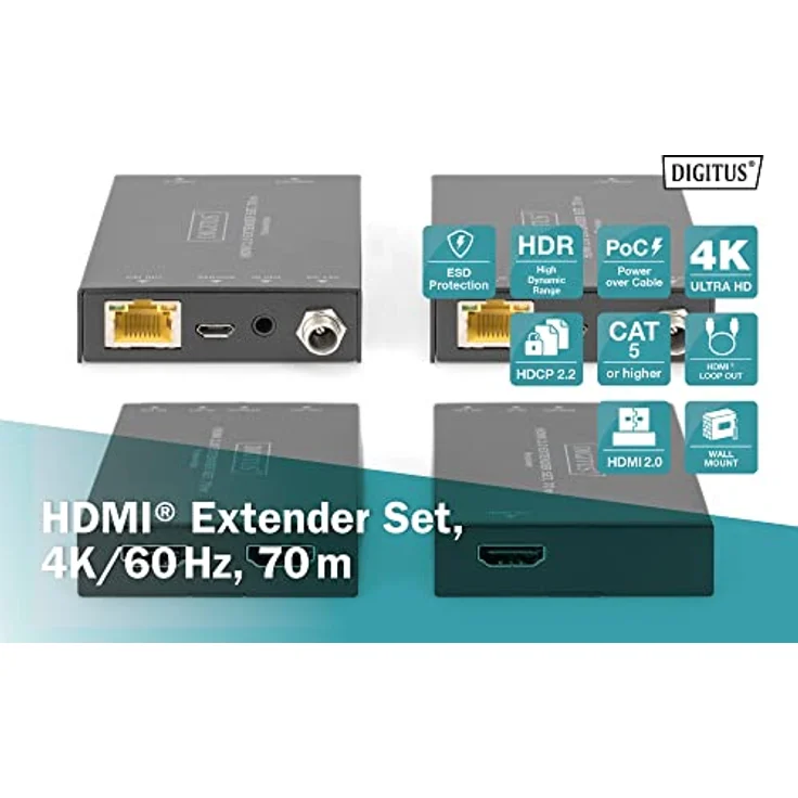 DIGITUS HDMI 2.0 Extender Set, 70 m 4K/60Hz, 18 Gbps, HDCP 2.2, HDR, PoC – Bild 5