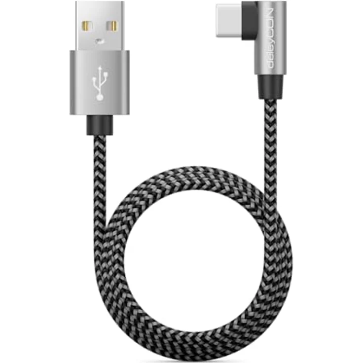 deleyCON 0,5m USB-A zu USB-C Kabel, 90° gewinkelt, für schnelles Laden und Datenübertragung bis 480Mbps, robustes Design mit Nylonhülle, geeignet für iPhone 17/15/16 Pro Max, Samsung S26/S25/S24, Pixel, iPad Pro, MacBook Air, Switch, PS5 – Bild 3