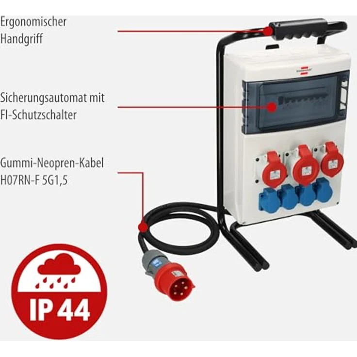 Brennenstuhl Tragbarer Stromverteiler/Baustromverteiler (1x32A + 2x16A CEE-Steckdosen, 2m Kabel, für Baustelleinsatz und ständigen Einsatz im Freien, mit FI-Personenschutz, Made in Germany) – Bild 3