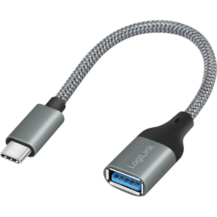 LogiLink USB 3.2 Adapterkabel USB-C Stecker auf USB-A Kupplung, OTG, Aluminiumgehäuse, 0,15 m, dunkelgrau