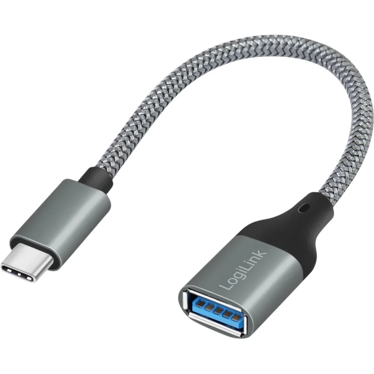LogiLink USB 3.2 Adapterkabel USB-C Stecker auf USB-A Kupplung, OTG, Aluminiumgehäuse, 0,15 m, dunkelgrau – Bild 1