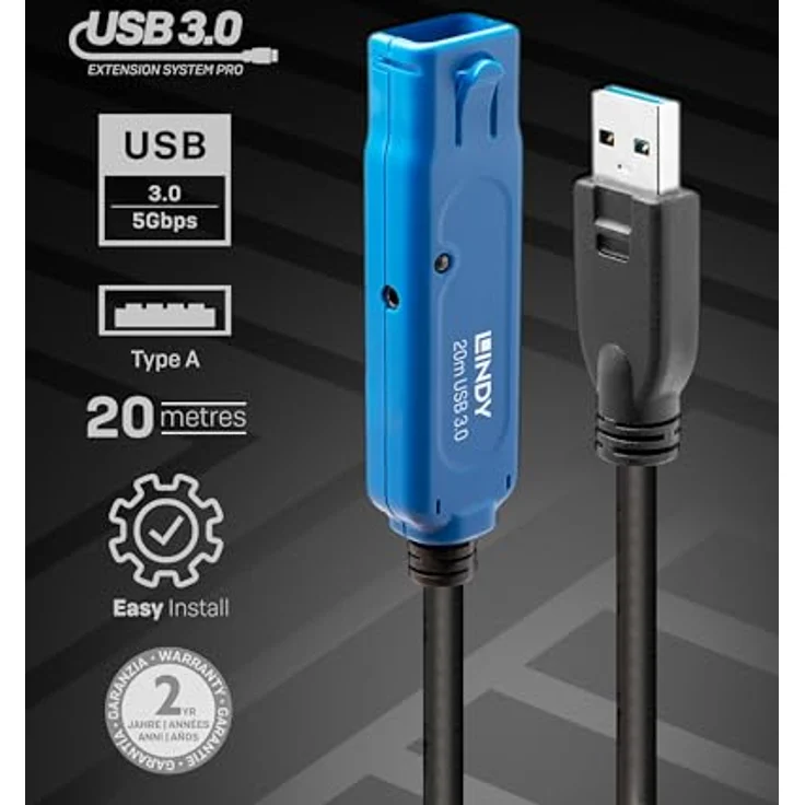 Lindy 20m USB 3.0 Aktivverlängerung Pro, Hochleistungs USB Kabel für Datentransferraten bis zu 5 Gbit/s, geeignet für Verlängerungen bis 40m – Bild 2