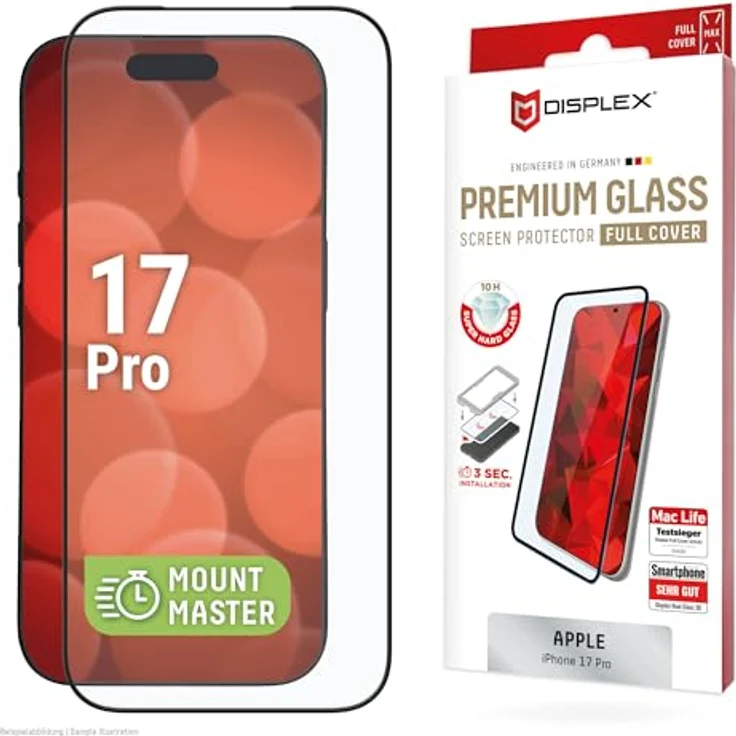 Displex Premium Glass Panzerglas Displayschutz für Apple iPhone 17 Pro, Full-Cover, 10H gehärtetes Glas, kratzfest, blasenfrei mit EASY-ON® MountMaster – Bild 1