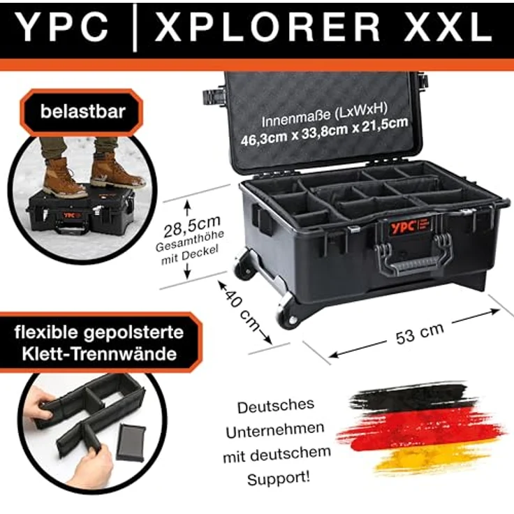 YPC Xplorer Case XXL – 53cm x 40cm x 28,5cm Trolley Outdoor Case, Fotokoffer gepolstert wasserdicht, Kamera Koffer Hardcase, Transportkoffer für Drohne, stapelbar – Bild 2