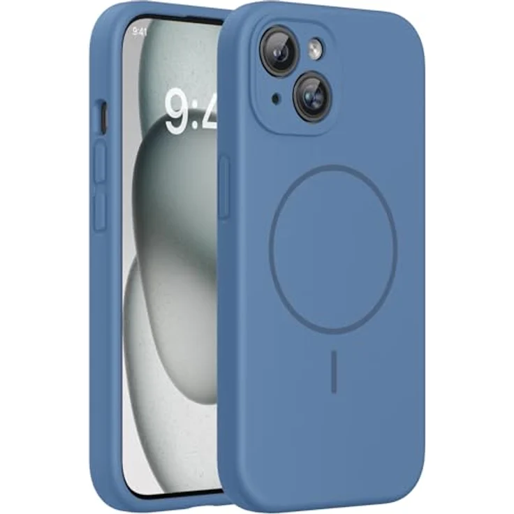 miracase iPhone 15 Hülle mit MagSafe, kratzfestes Mikrofaser-Innenfutter, stoßfeste Flüssigsilikon-Hülle, Glas Blau – Bild 1