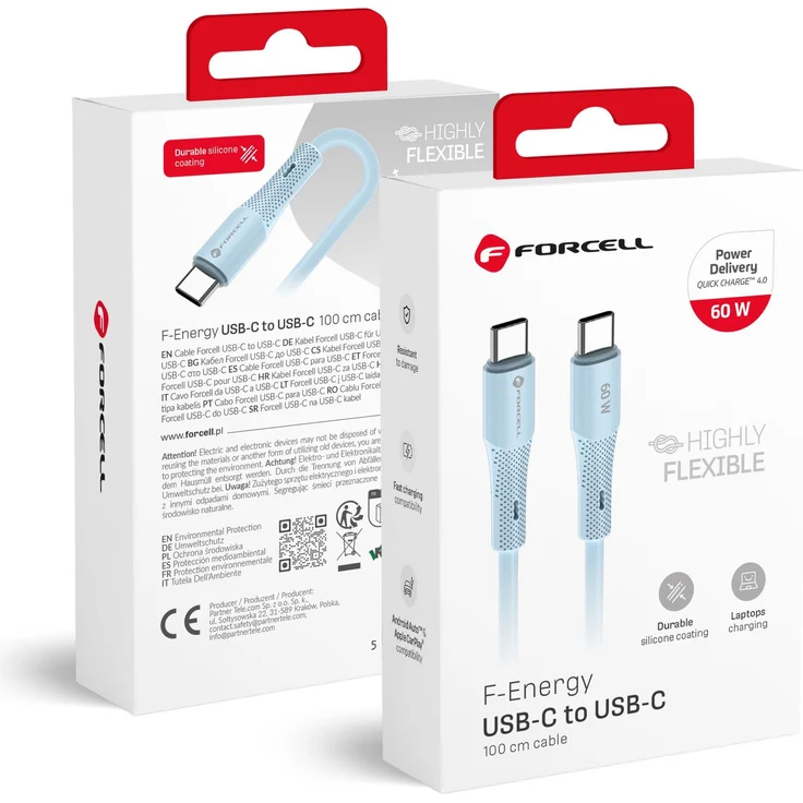 Forcell USB C Kabel C344, 60W PD 3A Schnellladekabel aus Silikon, 1m, Blau, QC 4.0, Datenübertragung bis 480 Mbps