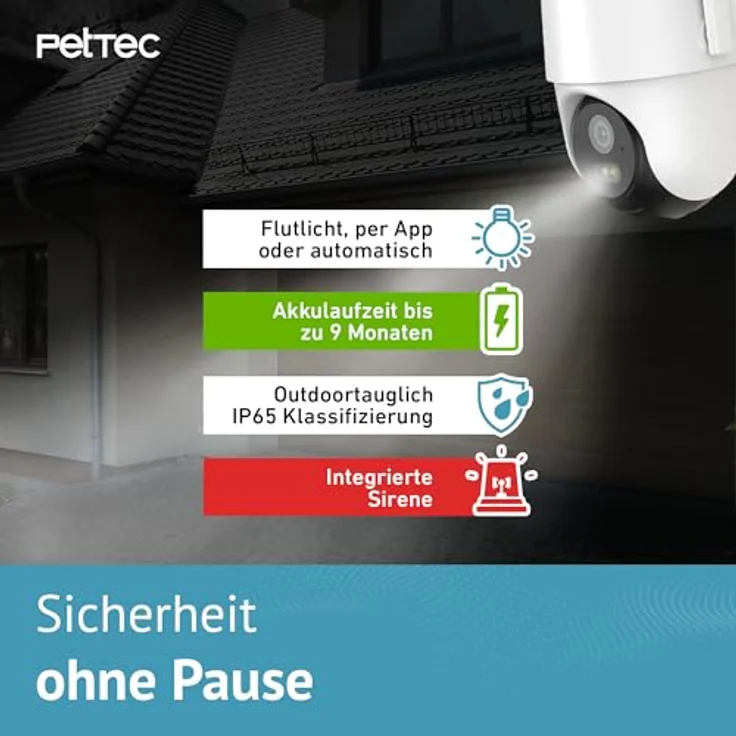 PETTEC PetCam Free'n 360 4G LTE Überwachungskamera - Outdoorkamera 3MP Ultravision, Bewegungserkennung, 20m Nachtsicht IP65 Flutlicht Sirene, Akku & Pan&Tilt Funktion – Bild 4