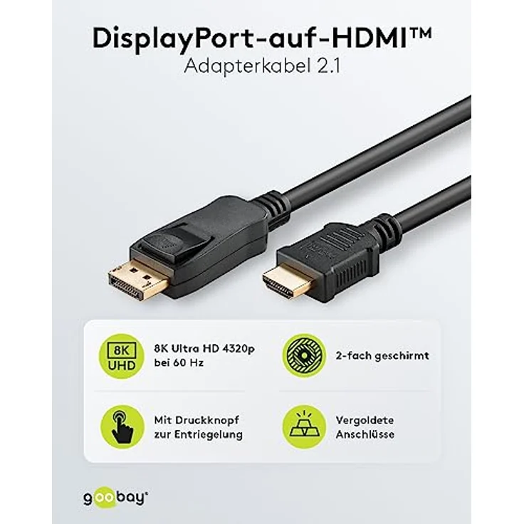 goobay 64846 - DisplayPort 2.0 auf HDMI 2.1 8k @ 60Hz Kabel/DP auf HDMI Verbindungskabel / 4K @ 144Hz Highspeed Kabel / 2M – Bild 2