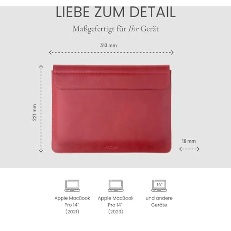 FIXED Oxford Lederhülle für MacBook Pro 14 Zoll M3, iPad und andere Geräte: Handgefertigte Laptoptasche aus italienischem Rindsleder, Hülle mit Magnetverschluss, Rot – Bild 5