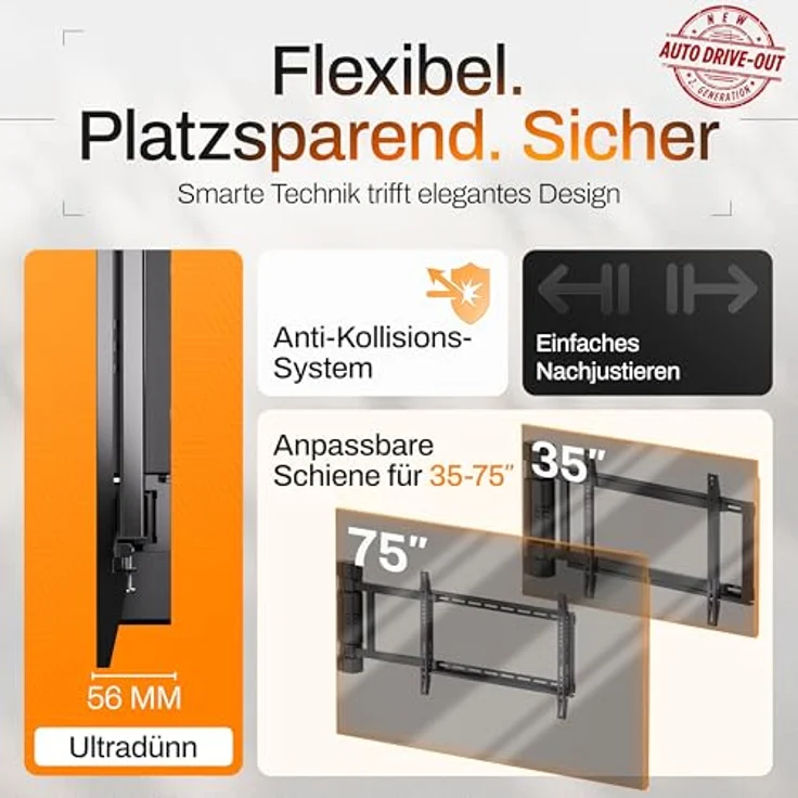 EasyLife Elektrische Schwenkbare TV-Wandhalterung mit Auto-Drive-Out, ultraschlank 56mm, leiser Motor, Anti-Kollisionssystem für 32–75 Zoll, VESA bis 600×400 und 50kg – Bild 4