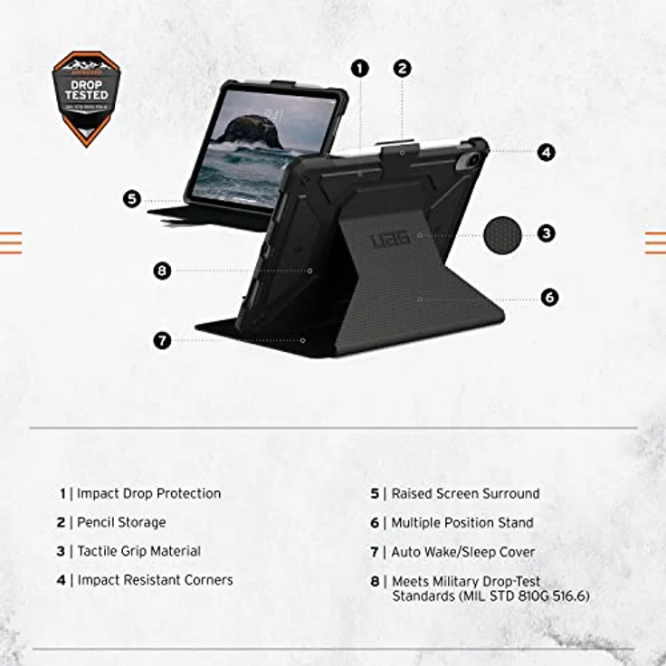 Urban Armor Gear Metropolis Case für Apple iPad 10.9 (10. Generation 2022) [Apple Pencil Halterung, Wake/Sleep, Standfunktion, Sturzfest, FrogSkin Material] schwarz, 123396114040 – Bild 2