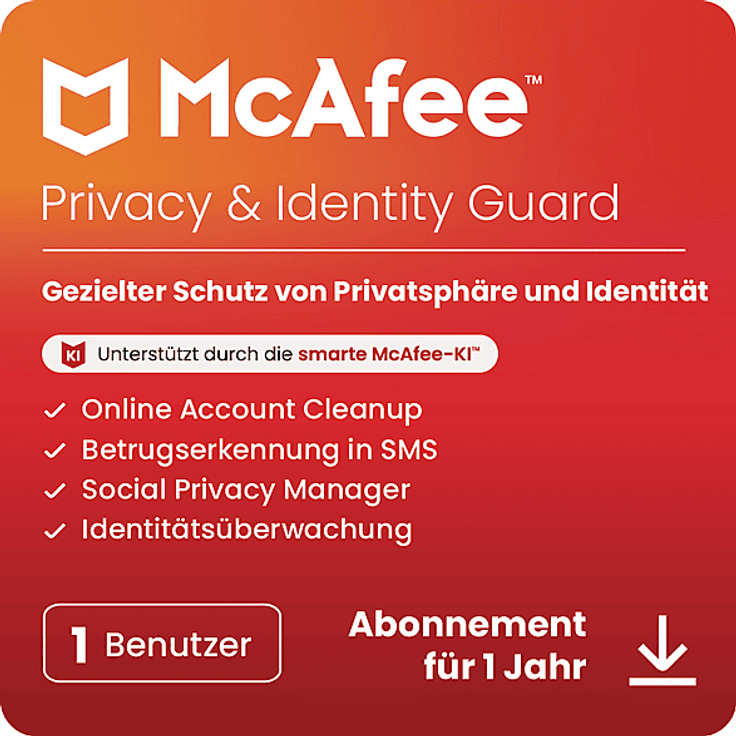 McAfee Privacy & Identity Guard, Multiplattform Antivirenprogramm mit Betrugserkennung, identitätsüberwachungsdienst und Online-Datenbereinigung