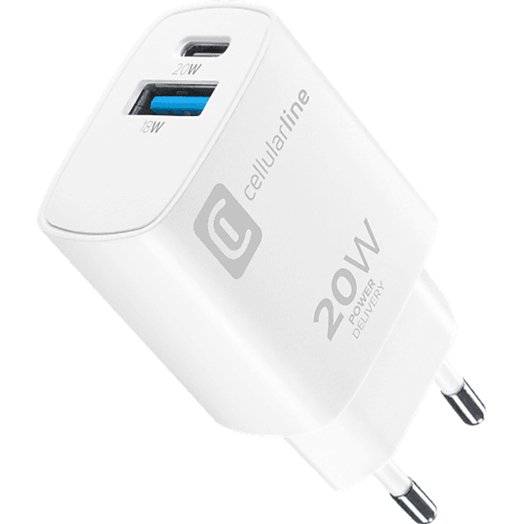 CELLULAR LINE USB-C Dual Ladegerät, 20W PD für Apple, Weiß