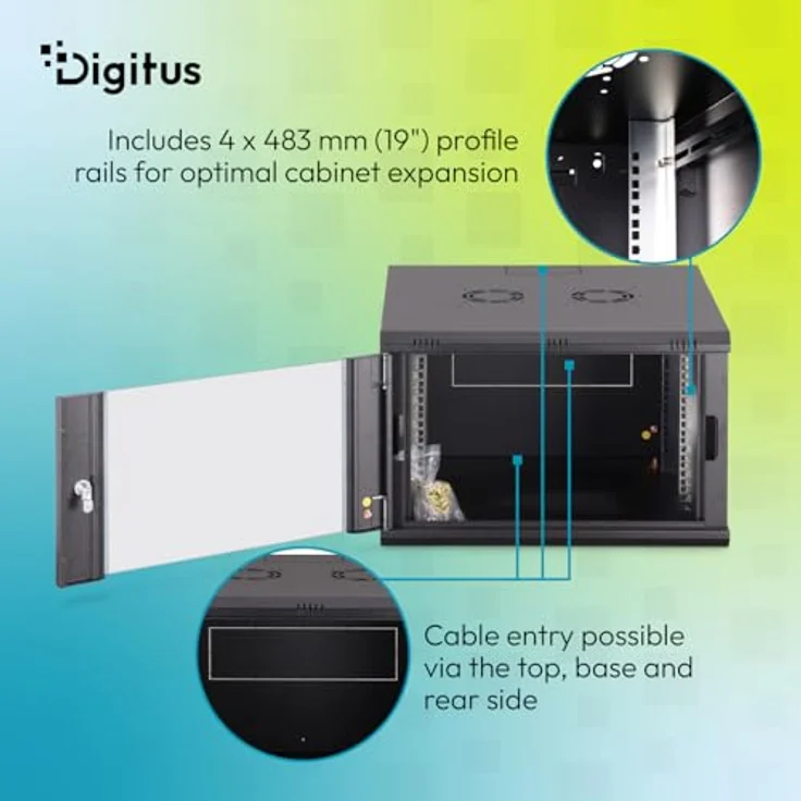 DIGITUS Netzwerkschrank Dynamic-N, 19-Zoll Rack 7HE, schwarz, unmontiert, Wandmontage, 600 mm Tiefe, 470 mm Nutztiefe, 60 kg Traglast, abschließbare Glastür – Bild 5