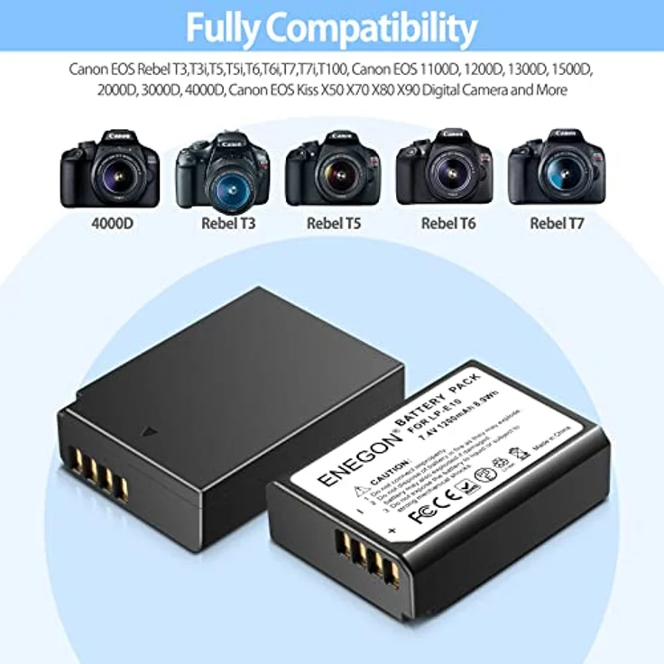 ENEGON LP-E10 Akku 1200 mAh, 2er-Pack, kompatibel mit Canon EOS 1100D, 1200D, 1300D, 1500D, 2000D, 3000D, 4000D, Rebel T3, T5, T6, T7, hohes Sicherheitsniveau – Bild 3
