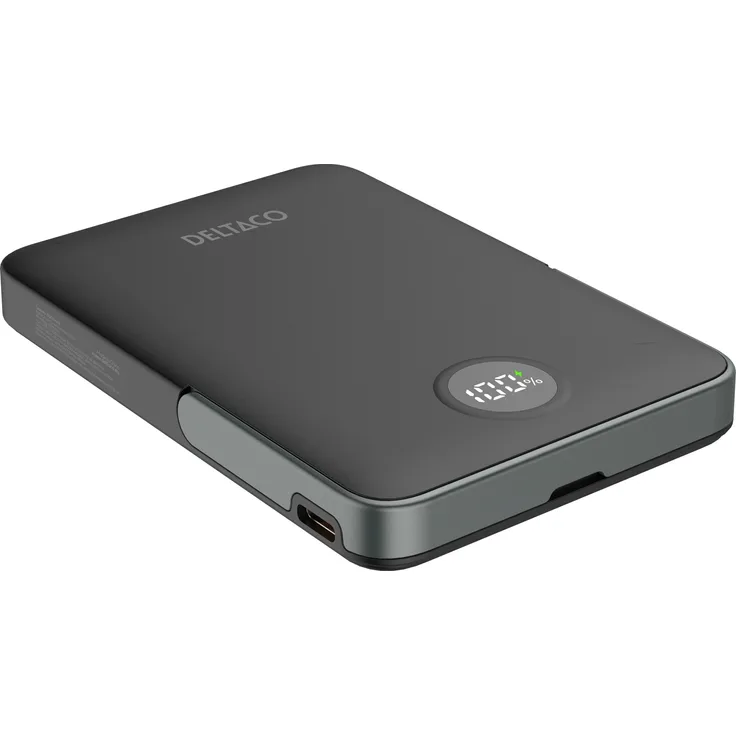 Deltaco Power Bank - kabellose 5000 mAh Powerbank mit Ständer und Magnet, Schwarz