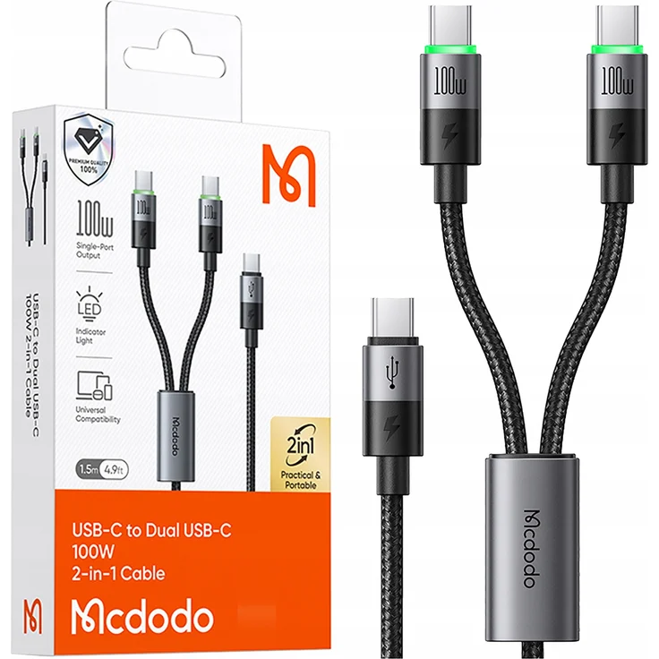 MCDODO USB-C 2In1 Schnelles Ladekabel für iPhone und MacBook, 100W, 2m, mit LED-Hintergrundbeleuchtung und Nylongeflecht