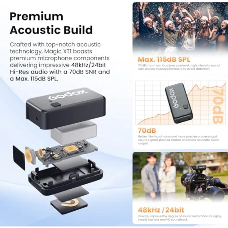 Godox Magic XT1 kabelloses Lavalier-Mikrofon für Kamera, Android, iPhone 15, PC, 48 kHz/24-Bit-Audio, Touchscreen-Empfänger, Geräuschunterdrückung, 2,4-G-Mikrofon mit 200 m Reichweite in schwarz – Bild 3