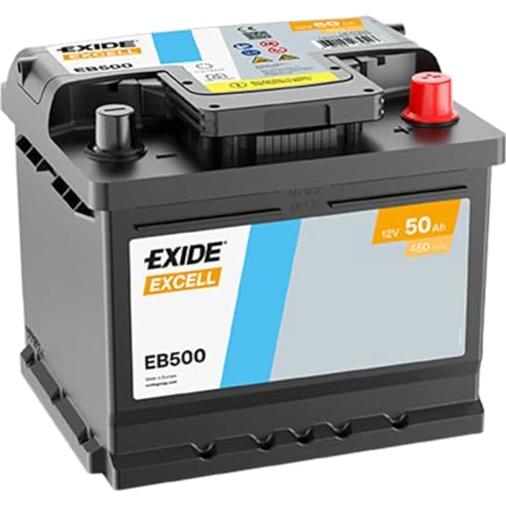 Exide EB500 Excell, 12V Autobatterie mit 50Ah Kapazität und 450A Kälteprüfstrom, wartungsfrei, Pluspol rechts – Bild 1