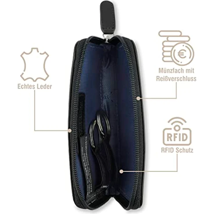 bugatti Nobile Schlüsseltasche, schwarzes Leder mit Zipper und zwei Schlüsselringen – Bild 4