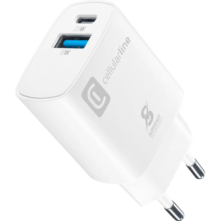 Cellularline Dual Port Travel Charger, Samsung PD 25W, USB-A + USB-C, weiß, kompakt und sicher