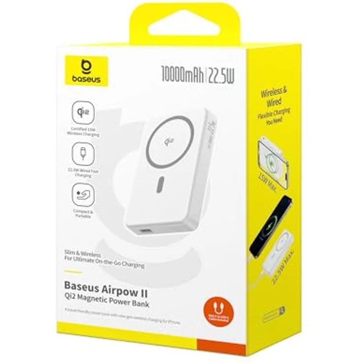 Baseus Airpow II Powerbank 10000 mAh, Qi2 mit MagSafe 22,5 W, inkl. USB-C-Kabel 20 V/3 A, Weiß – Bild 7