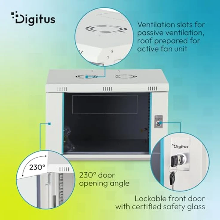 DIGITUS Netzwerkschrank 19-Zoll Rack 7HE, unmontiert, Wandmontage, 600 mm Tiefe, 60 kg Traglast, abschließbare Glastür, Dynamic-N Serie, grau – Bild 4